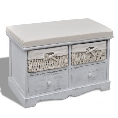 Banquette pouf tabouret meuble banc de rangement blanc en bois avec 2 paniers de tissage et 2 tiroirs 3002061