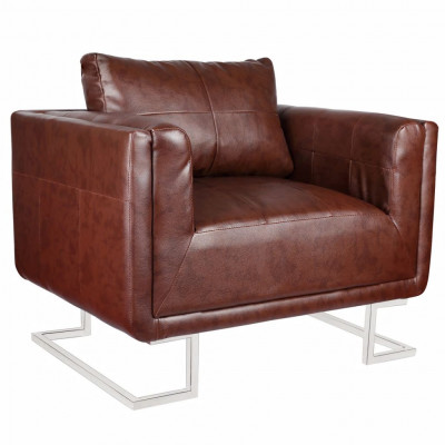 Fauteuil chaise siège lounge design club sofa salon cube avec pieds chromés cuir synthétique marron 1102041/3