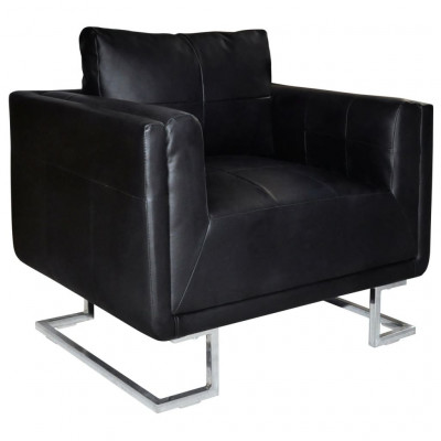 Fauteuil chaise siège lounge design club sofa salon cube avec pieds chromés cuir synthétique noir 1102044/3