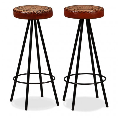 Lot de deux tabourets de bar design chaise siège cuir véritable et toile marron 1202167