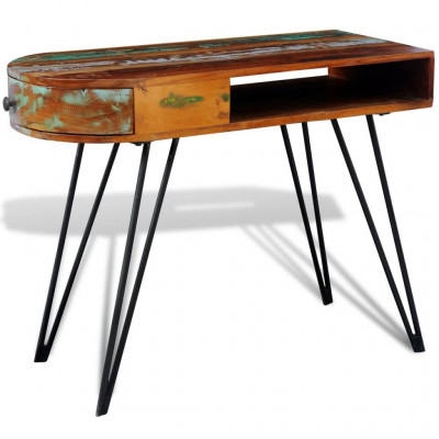 Bureau table meuble travail informatique en bois solide recyclé avec pieds broche en fer 0502087