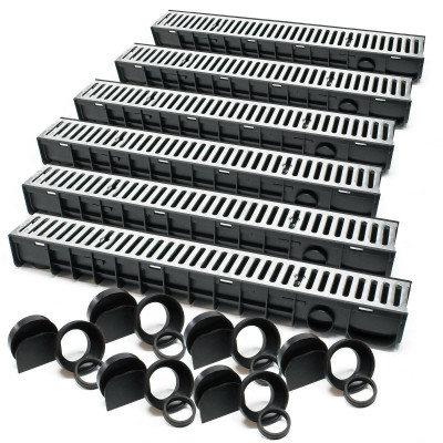 Lot de 6 x 1 m caniveaux grille recouvrement 1,5 tonnes fonte drainage eaux usées évacuation 16_0001702