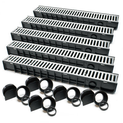 Lot de 5 x 1 m caniveaux grille recouvrement 1,5 tonnes fonte drainage eaux usées évacuation 16_0001701