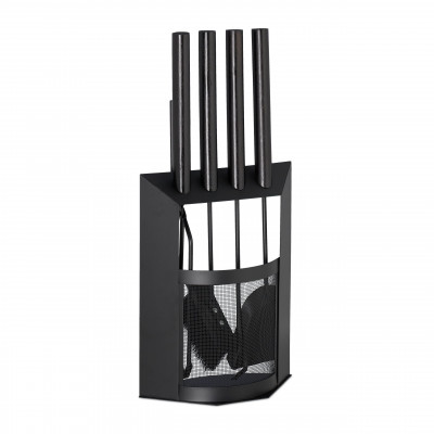 Ensemble serviteur de cheminée 5 pièces acier accessoire pelle balai support tisonnier pince vintage noir bois 13_0002445