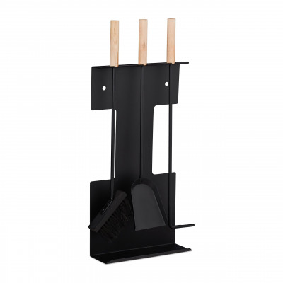 Ensemble serviteur de cheminée 4 pièces acier accessoire pelle balai support tisonnier noir 13_0002443
