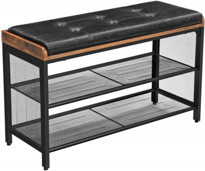 Banc à chaussures banquette rembourrée avec étagères en maille rangement à chaussures couloir entrée gain de place métal industriel synthétique 80 cm noir marron rustique 12_0000209