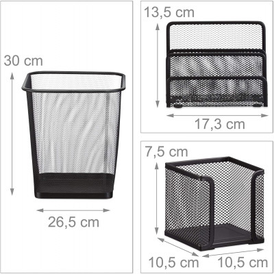Set 6 fournitures de bureau poubelle pot crayon bloc notes cartes de visite courrier métal rangement noir 13_0002465_2
