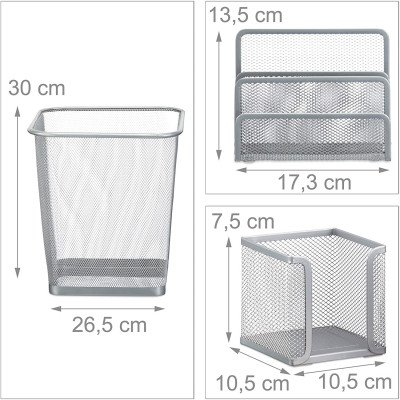 Set 6 fournitures de bureau poubelle pot crayon bloc notes cartes de visite courrier métal rangement argenté 13_0002465