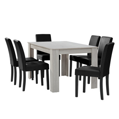 Table à manger chêne blanc avec 6 chaises noir cuir-synthétique rembourré 140x90 cm 03_0004042