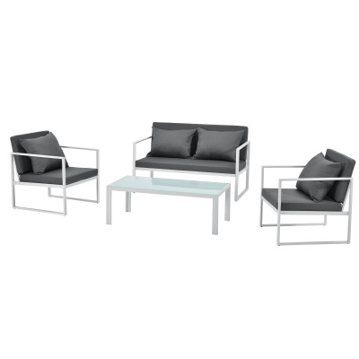 Salon de jardin ensemble de jardin table basse avec canapé et chaises extérieures métal verre polyester blanc 03_0003586