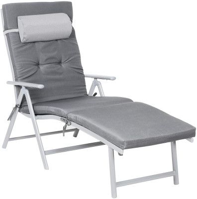 Chaise longue bain de soleil avec matelas d'une épaisseur de 6 cm appui tête amovible en alu anti rouille respirant inclinable charge max 150 kg gris 12_0000203