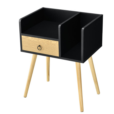 Table de nuit avec tiroir et 2 surfaces de stockage chevet commode panneau de particule bois pieds en pin 64x50x36 cm noir effet bois 03_0004230