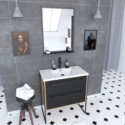 Meuble de salle de bain 80x50cm - vasque blanche 80x50cm - 2 tiroirs noir mat + miroir