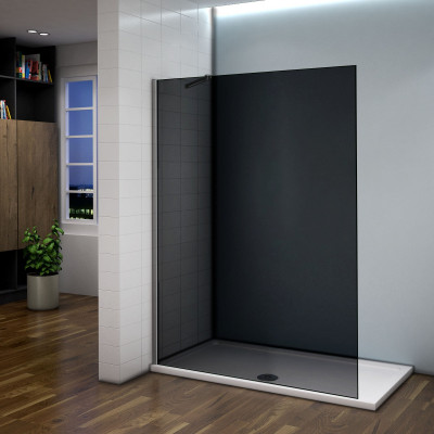 Paroi de douche grise 140 x 200cm en 8mm, paroi fixe teintée,douche  avec barre de fixation extensible