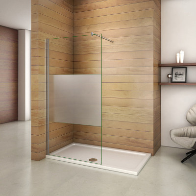 Paroi de douche 90x200cm  en verre sécurité et bande centrale dépoli avec barre de fixation extensible en cylindrique
