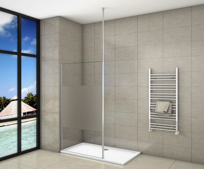 Paroi de douche 140x200cm en 8mm verre anticalcaire et sablé au centre et livré une barre de fixé à plafond