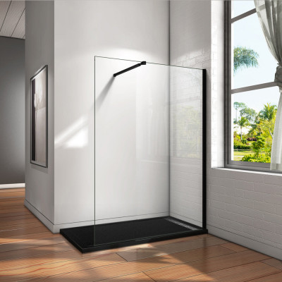 Paroi de douche 160x200cm en noire mat paroi  en 8mm verre anticalcaire livré avec une barre de fixation extensible en noire mat