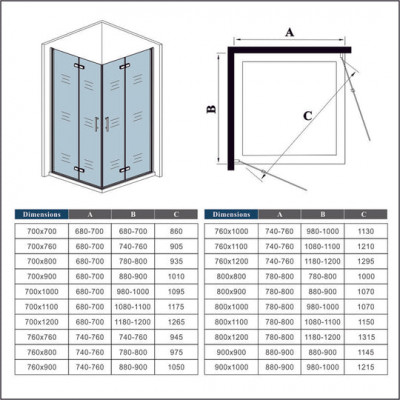 Porte de douche 70x80x195cm 2 portes de douche pivotante et pliante verre anticalcaire
