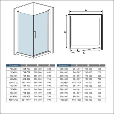 Porte de douche 100x76x197cm Paroi latérale 76cm avec barre de fixation 140cm verre anticalcaire