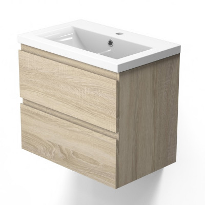 Meuble lave-mains à suspendre 50 cm avec lavabo céramique, double tiroir Chêne