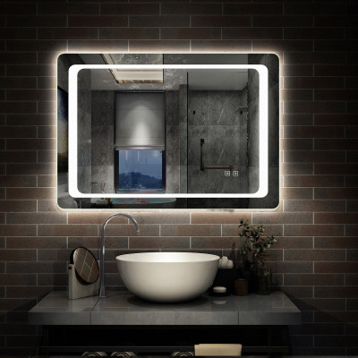 Miroir salle de bain  100 cm x 60 cm, illumination LED double touche tactile, éclairage intégré, avec anti-buée, lumière Blanche Froide