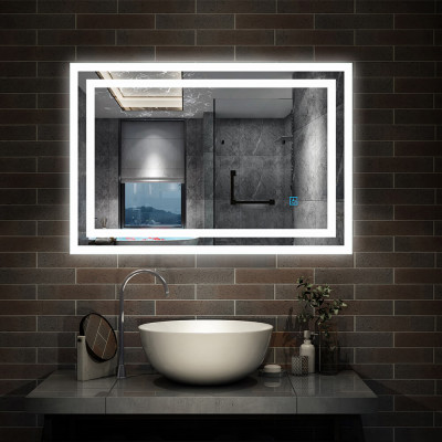 Miroir salle de bain 80 cm x 60 cm, illumination LED double contour, éclairage intégré, avec anti-buée, lumière Blanche Froide