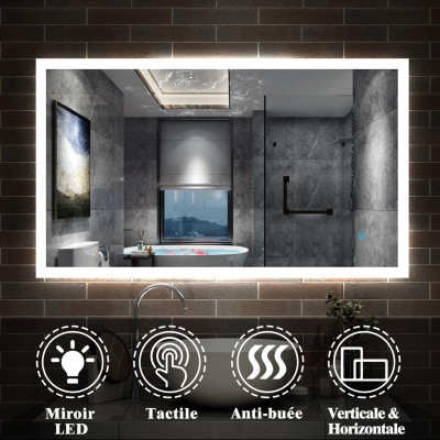 Miroir salle de bain rectangulaire 90 cm x 70 cm, illumination LED, éclairage intégré, avec fonction anti-buée, lumière Blanche Froide