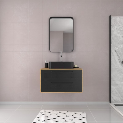 Meuble Salle de Bains 80 cm, Vasque Rectangulaire et Miroir - Chêne naturel et Noir Mat - UBY