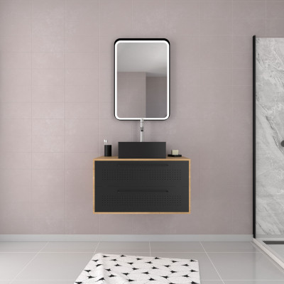 Meuble Salle de Bains 80 cm, Vasque Carrée et Miroir Led - Chêne naturel et Noir Mat - UBY