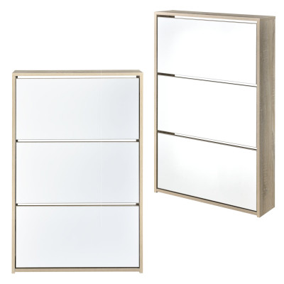 Meuble à chaussure rangement porte-chaussures pour 9 pairs de chaussures 3 surfaces de stockages MDF miroir 102,5 x 63 x 17 cm chêne 03_0002842