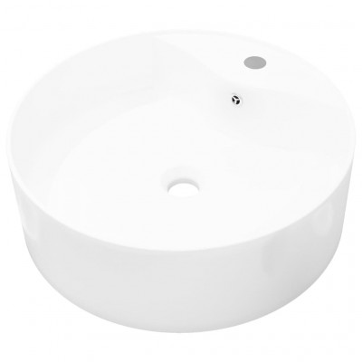 Lavabo vasque salle de bain diamètre 46,5 cm à trou de trop-plein/robinet céramique rond blanc 02_0002513
