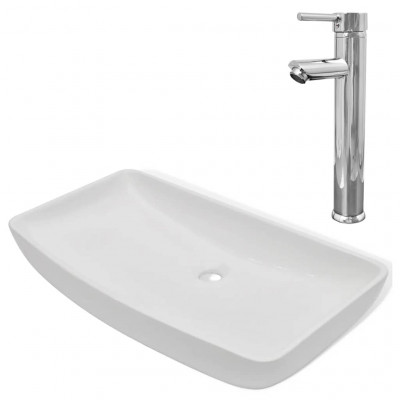 Lavabo et mitigeur céramique rectangulaire 71 x 38 cm blanc 02_0002839