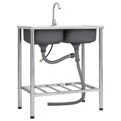 Evier de camping double lavabo avec robinet évier de cuisine évier de garage évier d'extérieur anti-salissure 78 x 43 cm acier inoxydable 02_0002437