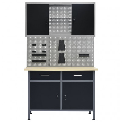 Etabli 120 cm avec 3 panneaux muraux et 1 armoire atelier table de travail gris noir 02_0003661