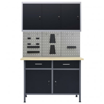 Etabli 120 cm et 3 panneaux muraux et 1 armoire table de travail atelier gris noir 02_0003664