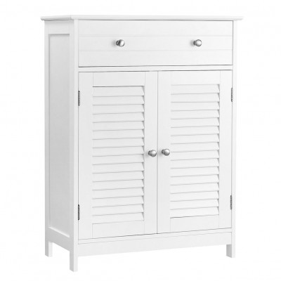 Meuble de rangement armoire salle de bain placard 60 x 30 x 80 cm avec 2 portes persiennes tiroir planche réglable style nordique scandinave blanc mat 12_0002415