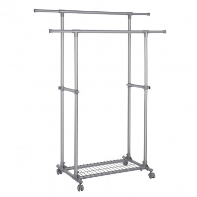Portant double barre porte-vêtements mobile extensible entre 87 à 150 cm avec roulettes et étagère de rangement capacité de charge 70 kg pour manteaux écharpes gris 12_0003488