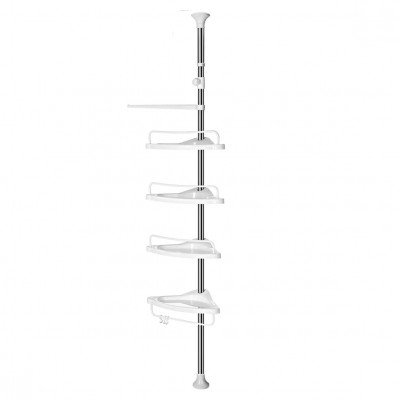 Étagère de douche télescopique étagère d’angle de salle de bain hauteur 95-300 cm du sol au plafond poteau en inox 4 plateaux 3 crochets 1 porte-serviettes blanc et argent 12_0002733