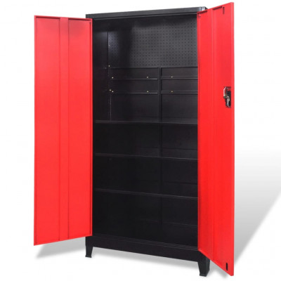 Armoire à outils avec 2 portes acier noir et rouge 180 cm coffre à outils 02_0003802