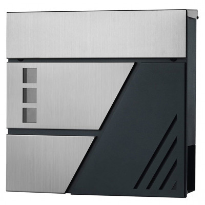 Boîte aux lettres murale avec fenêtres de visualisation en acier inoxydable pour portail porte d'entrée avec serrure et clés argent et gris anthracite 12_0001888