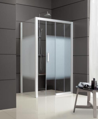 Paroi de douche JAZZ + face coulissante 2 vantaux sans seuil en verre dépoli argent mat 120 cm LEDA