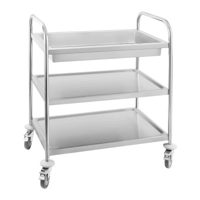 Chariot acier vaisselle inoxydable 2 plateaux et 1 bac 500 kg max tubes ronds 14_0005025