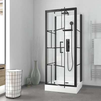 Cabine de douche Carrée 80x80x213 cm - Porte pivotante - Fond Blanc et Profilés Noir Mat - RUBIQ