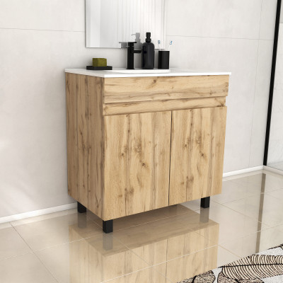 Meuble de salle de bains 80cm 2 Portes_Chêne Industriel + Vasque céramique blanche - TIMBER 80