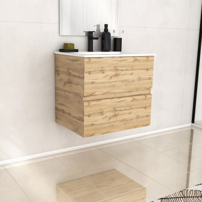 Meuble de salle de bains 60cm 2 Tiroirs_Chêne Industriel + Vasque céramique blanche - TIMBER 60