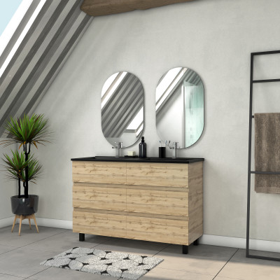 Meuble Salle de Bains 120cm 6 Tiroirs Chêne Industriel + Vasque Noire et Miroirs Ovales