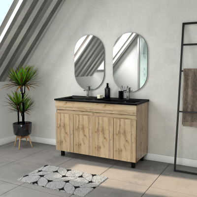 Meuble Salle de Bains 120cm 4 Portes Chêne Industriel + Vasque Noire et Miroirs Ovales