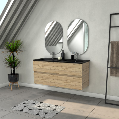 Meuble Salle de Bains 120cm 4 Tiroirs Chêne Industriel + Vasque Noire et Miroirs Ovales
