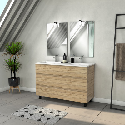 Meuble Salle de Bains 120cm 6 Tiroirs Chêne Industriel + Vasque Blanche + Miroirs avec appliques Led