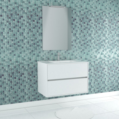 Pack Meuble Salle de Bains 80cm Blanc 2 Tiroirs, Vasque, Miroir 60x80 et réglette Led - XENOS